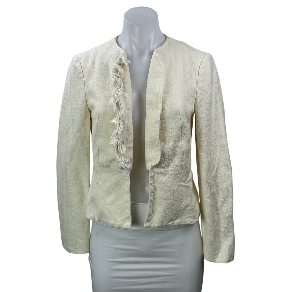 Derek Lam 10 Crosby Cream Long Sleeves Fringe Open Peplum Blazer Coat Jacket M